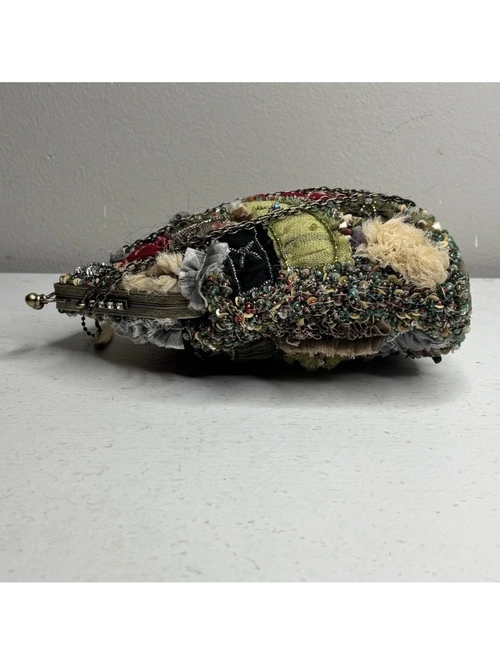 Mary Frances Mixed Media Beaded Patchwork Hobo Purse with Adjustable Strap